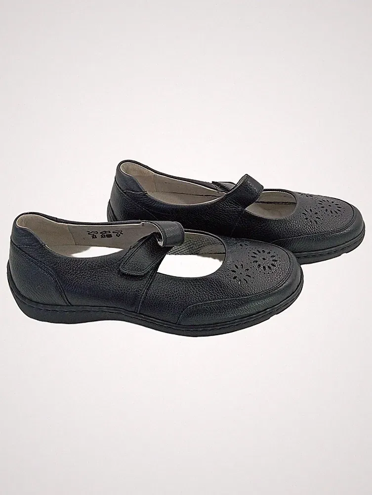 Waldläufer Damen Loafer Leder Klettverschluss Lochmuster Komfortabel Schwarz 40