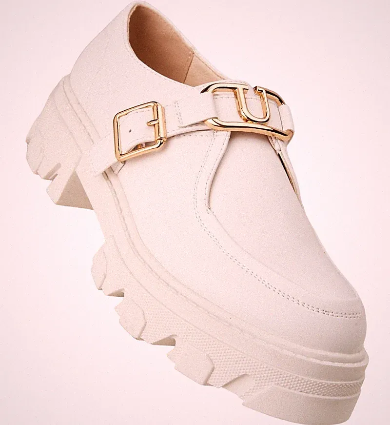 Weiße klobige Damenschuhe Halbschuhe goldene Schnalle Plateau Smart Freizeit trendy UK 3
