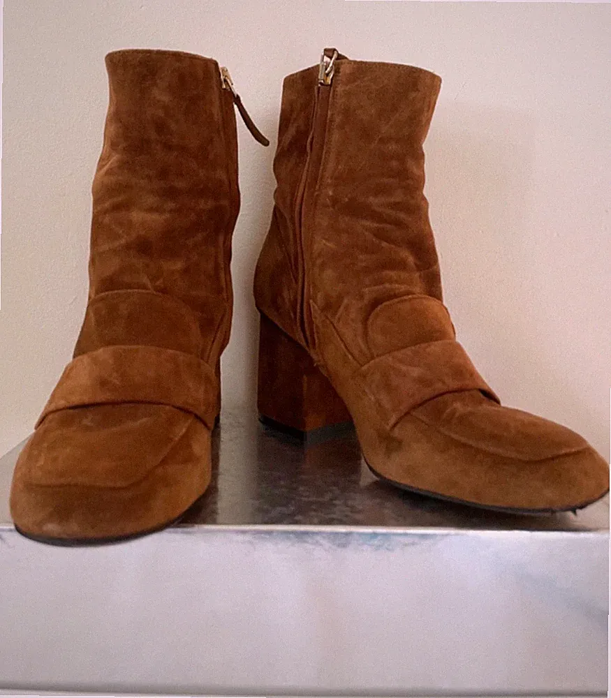 WHISTLES AMBROSE HELLBRAUN VELOURSLEDER ECKIGE SPITZE HALBSCHUH STIEFEL GRÖSSE 5/38 KOSTET 195 £