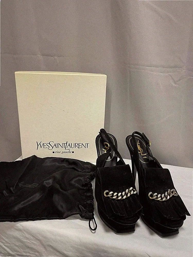 Yves Saint Laurent YSL Tribute Schwarz Wildleder Slingback Loafer Pumps Kette Gr. 39
