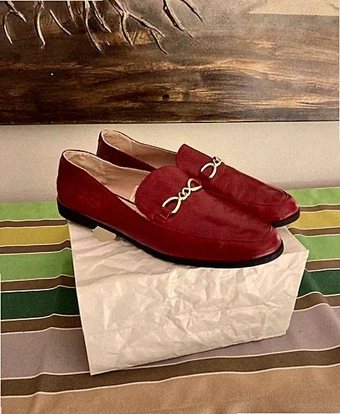 ZARA Damen Leder Slipper Loafer Rot Gr. 38 mit eleganter Goldschnalle – TOP