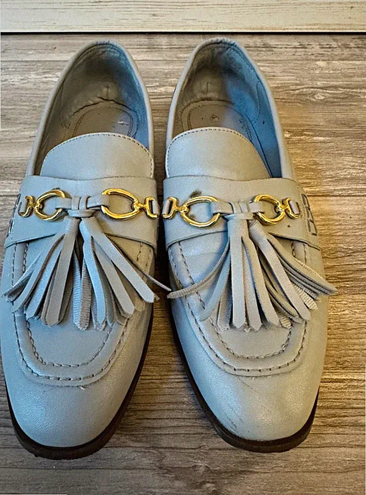 Zara Damen Mokassin Loafer Leder blau Quasten Metallkette Slip-On EU 38
