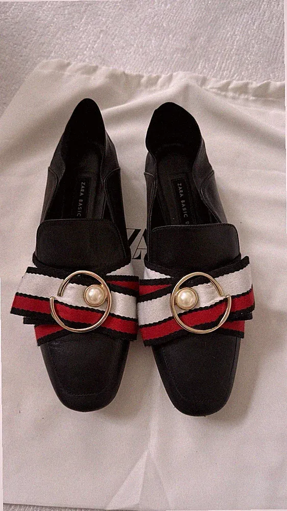Zara Echtleder Loafer Slipper Schwarz Schleife Perlen Gr. 40